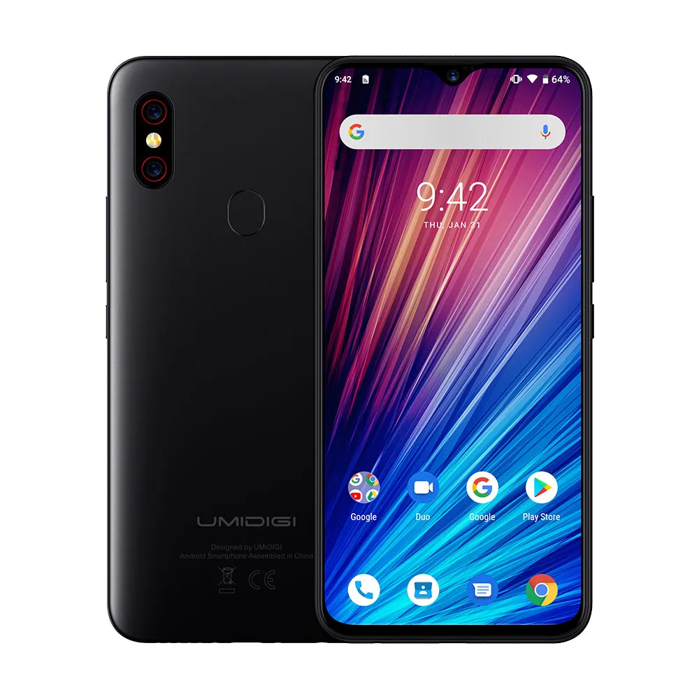 UMIDIGI F1 Play 4G Smartphone Mali G72 MP3 6GB RAM 64GB ROM 3 Cameras Fingerprint Sensor 5150mAh Battery Black Non-EU Version