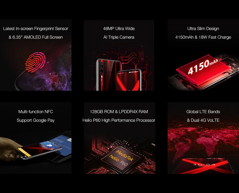 UMIDIGI X In-screen Fingerprint 6.35"" AMOLED 48MP Triple Rear Camera 128GB NFC Helio P60 4150mAh Cellphone Water blue