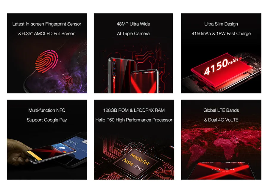 UMIDIGI X In-screen Fingerprint 6.35"" AMOLED 48MP Triple Rear Camera 128GB NFC Helio P60 4150mAh Cellphone Water blue