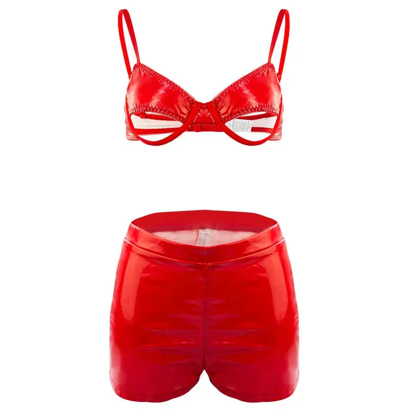 Undercut Red Faux Leather Lingerie Set