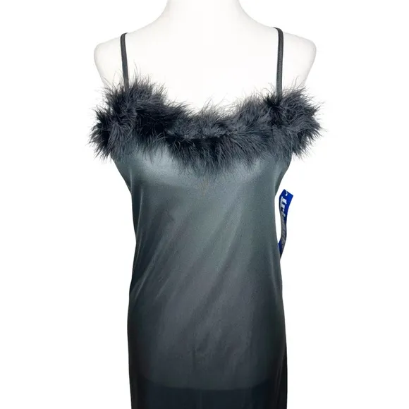 Vintage 90s Deadstock NWT Faux Fur Lined Black Maxi Lingerie Slip Dress