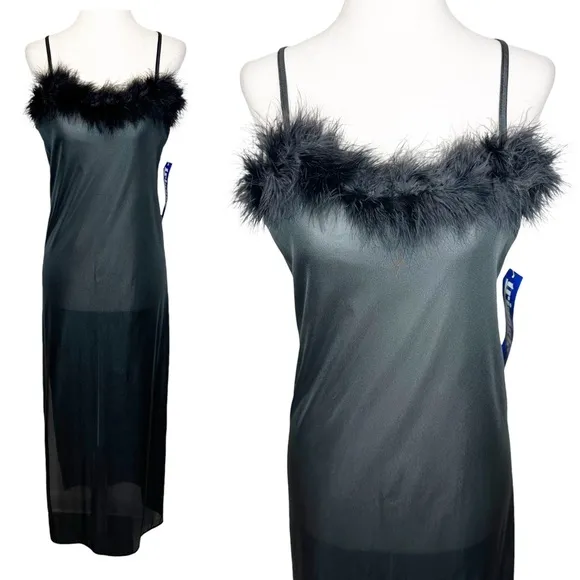 Vintage 90s Deadstock NWT Faux Fur Lined Black Maxi Lingerie Slip Dress