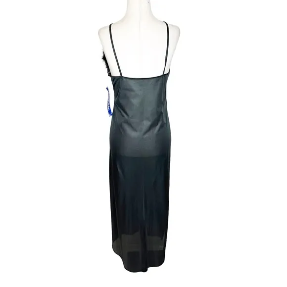 Vintage 90s Deadstock NWT Faux Fur Lined Black Maxi Lingerie Slip Dress