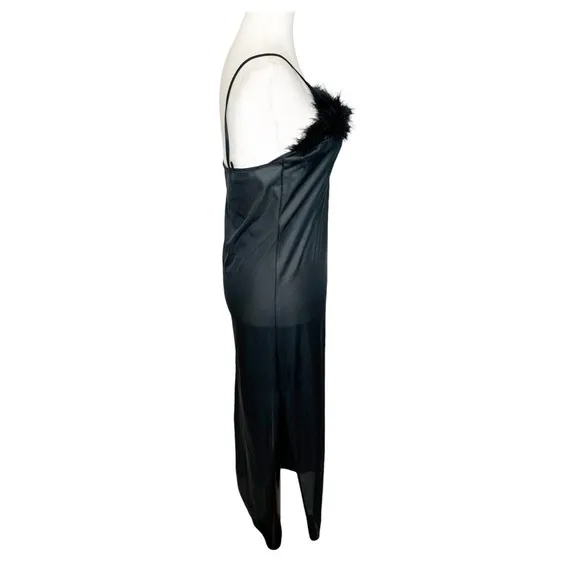 Vintage 90s Deadstock NWT Faux Fur Lined Black Maxi Lingerie Slip Dress