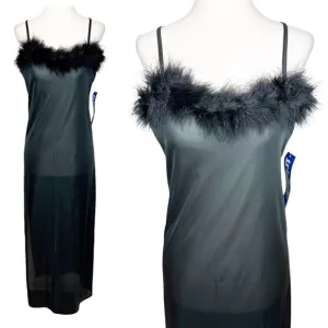 Vintage 90s Deadstock NWT Faux Fur Lined Black Maxi Lingerie Slip Dress