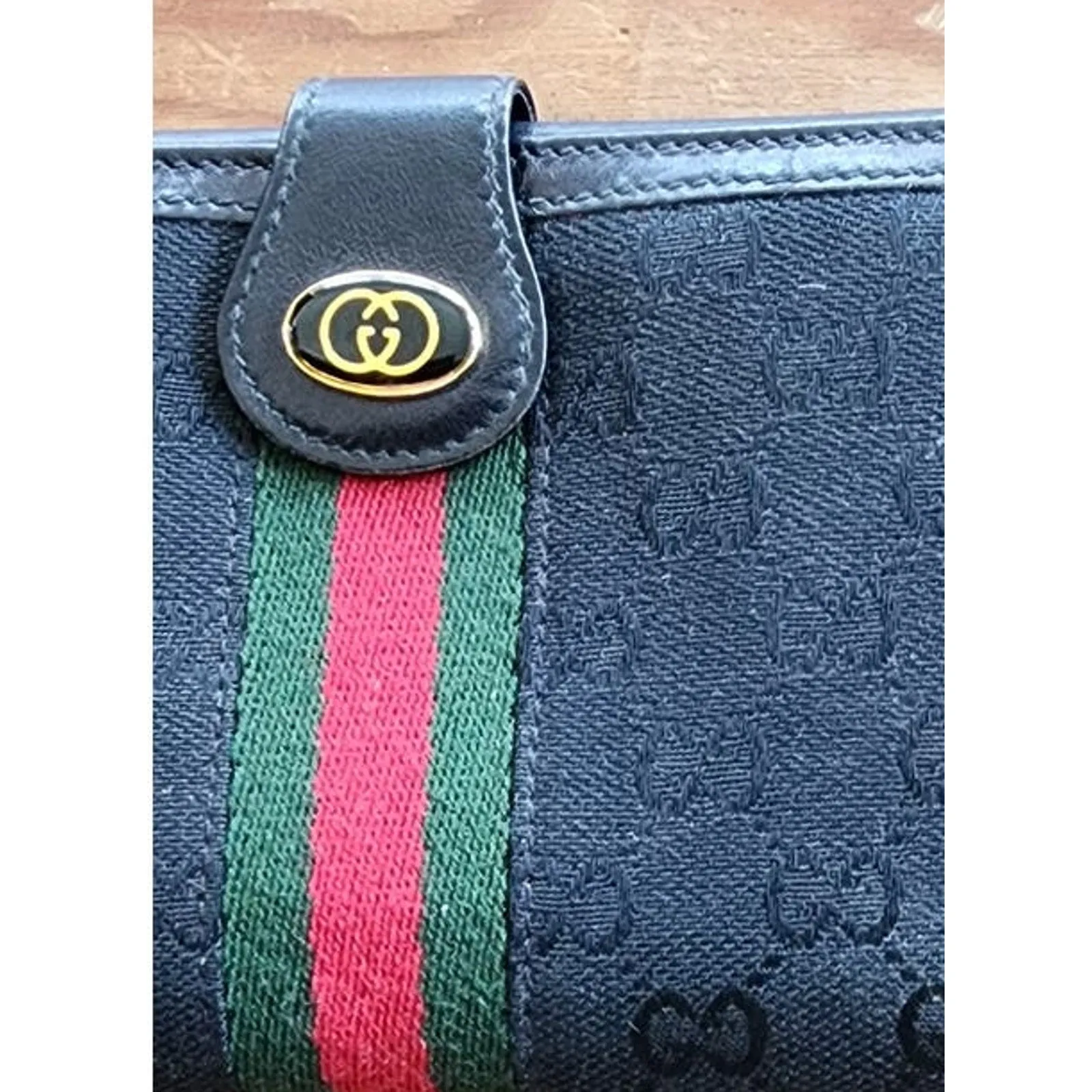 Vintage Gucci Wallet Sherry GG Canvas Monogrammed Red Green Stripe