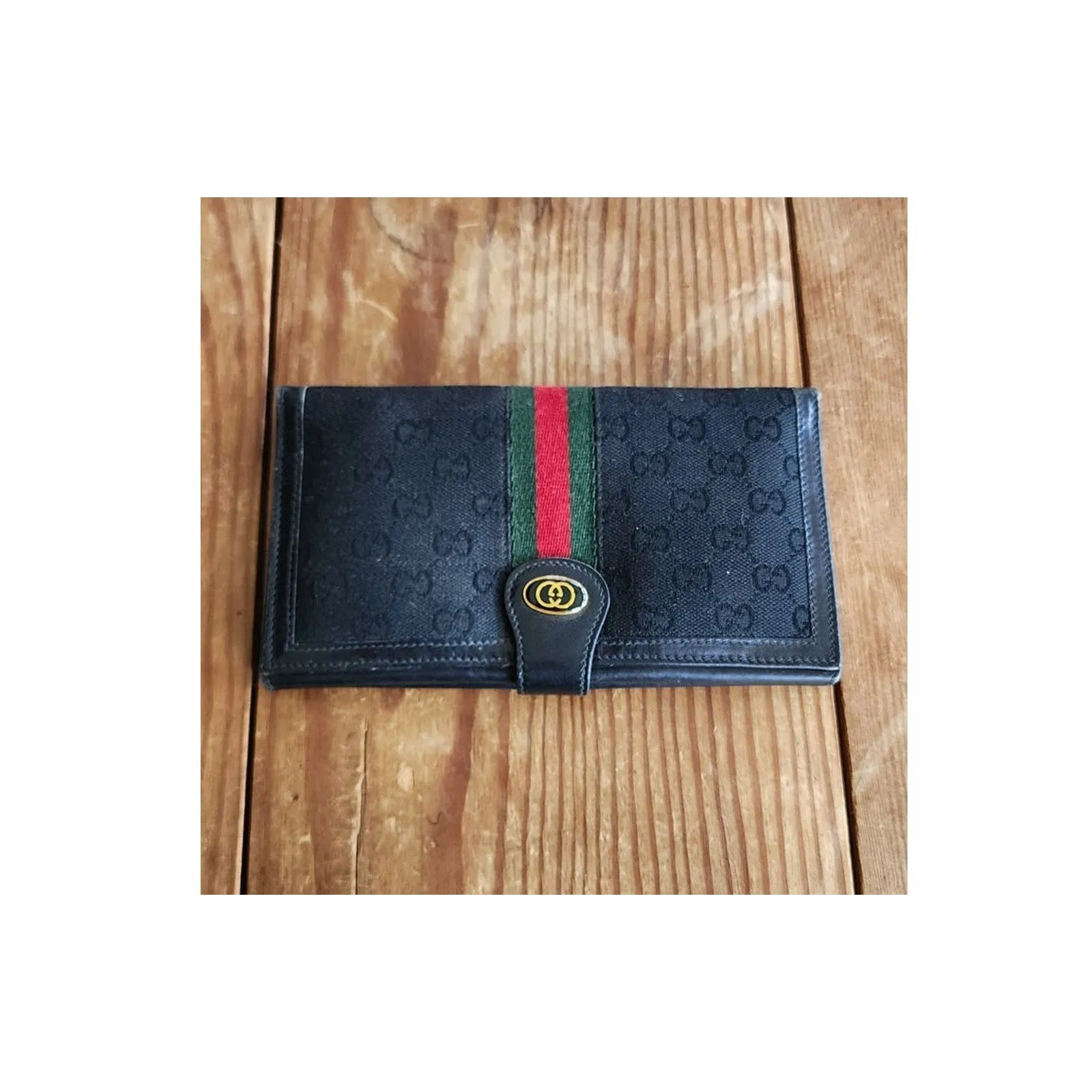 Vintage Gucci Wallet Sherry GG Canvas Monogrammed Red Green Stripe