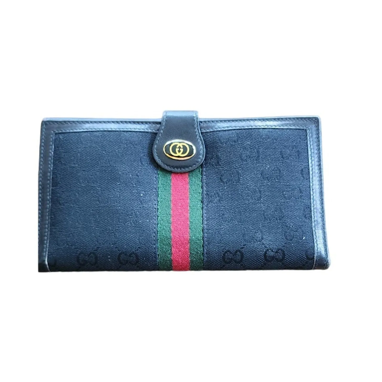 Vintage Gucci Wallet Sherry GG Canvas Monogrammed Red Green Stripe