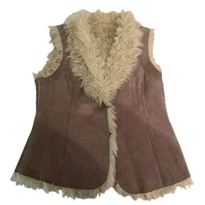 Vintage Inspired Crackle Suede Leather Faux Fur Trim Hippy Boho Vest Women’s PS