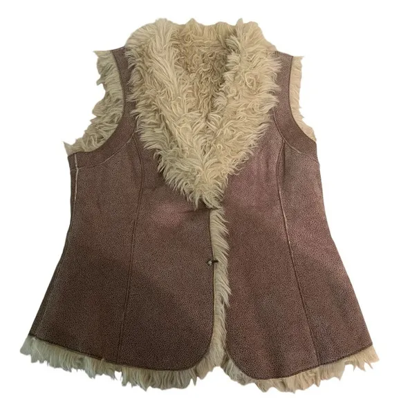 Vintage Inspired Crackle Suede Leather Faux Fur Trim Hippy Boho Vest Women’s PS