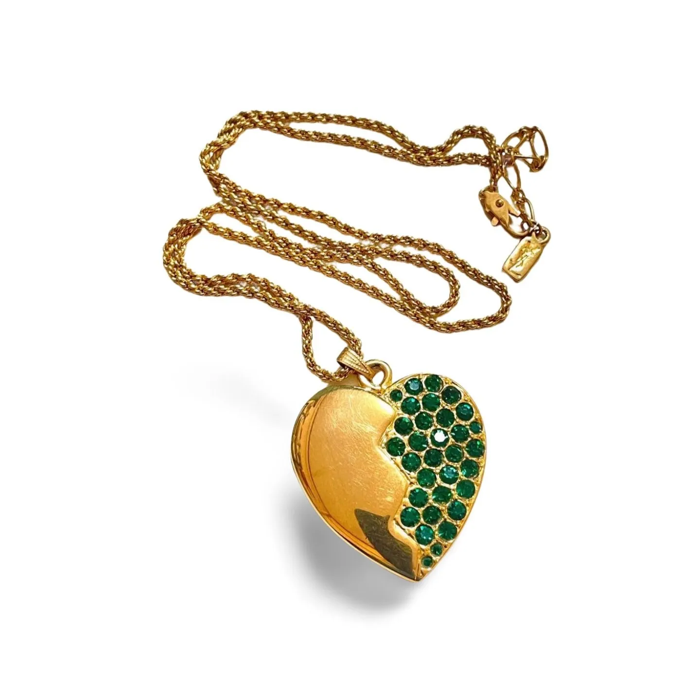 Vintage Yves Saint Laurent golden chain necklace with heart and green crystal pendant top. 060221ya