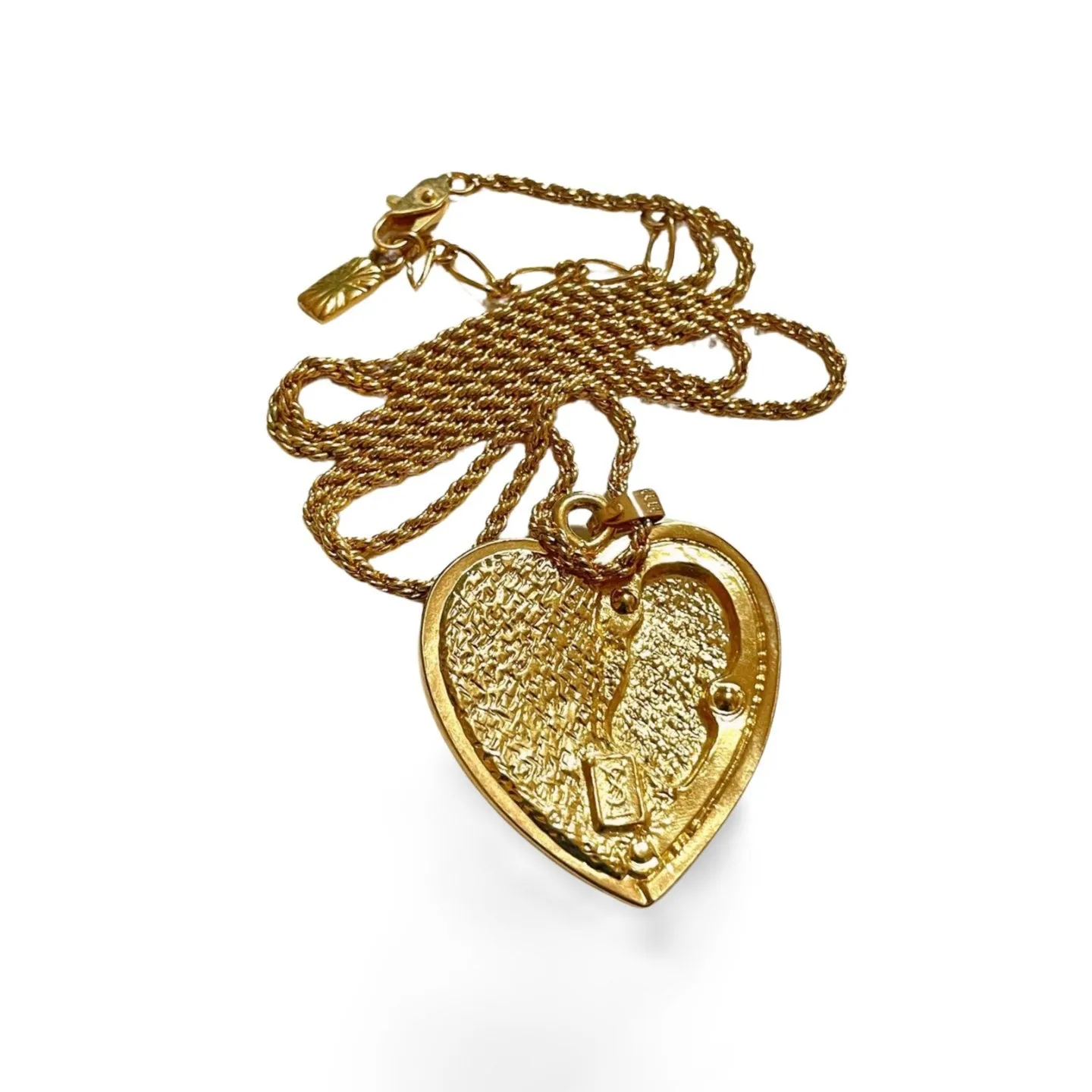 Vintage Yves Saint Laurent golden chain necklace with heart and green crystal pendant top. 060221ya