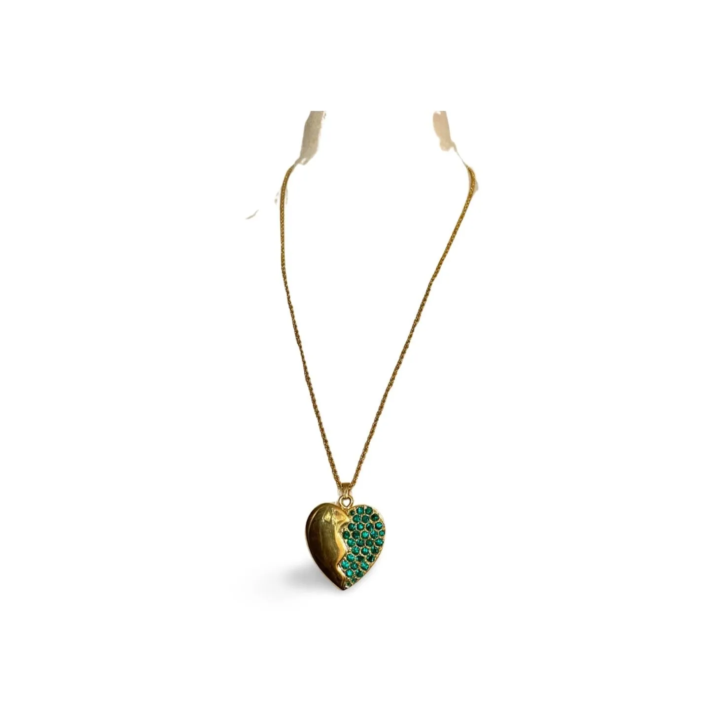 Vintage Yves Saint Laurent golden chain necklace with heart and green crystal pendant top. 060221ya