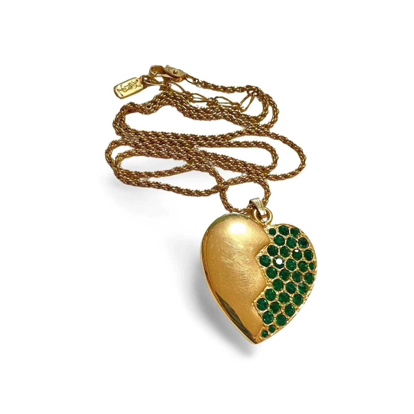 Vintage Yves Saint Laurent golden chain necklace with heart and green crystal pendant top. 060221ya