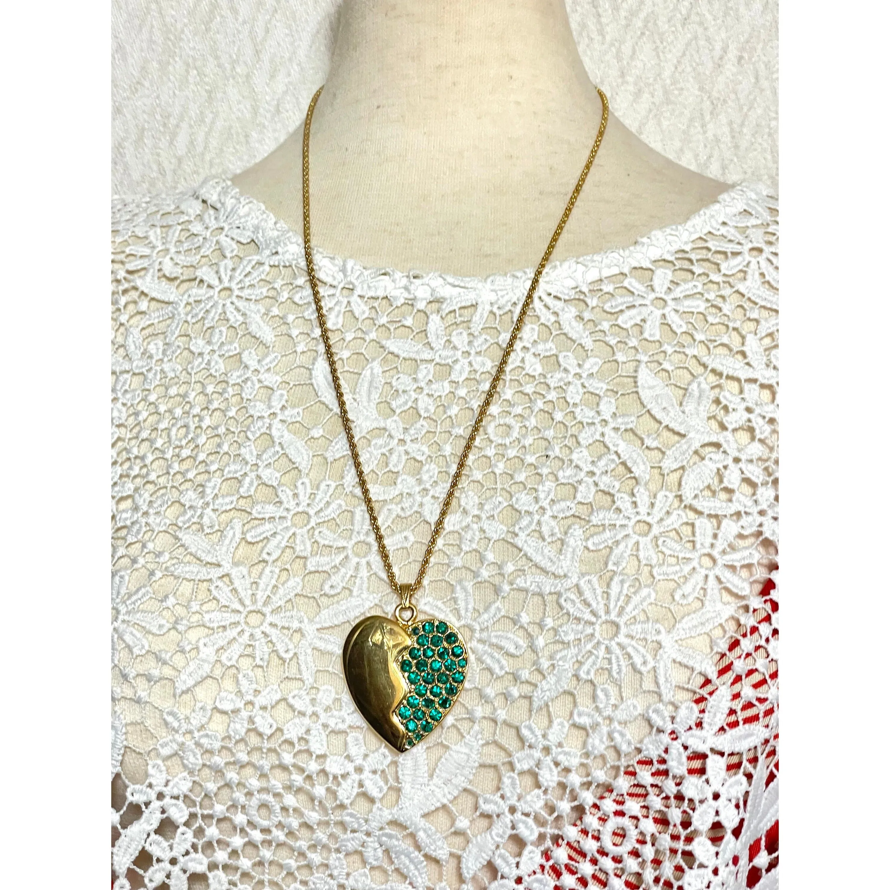 Vintage Yves Saint Laurent golden chain necklace with heart and green crystal pendant top. 060221ya