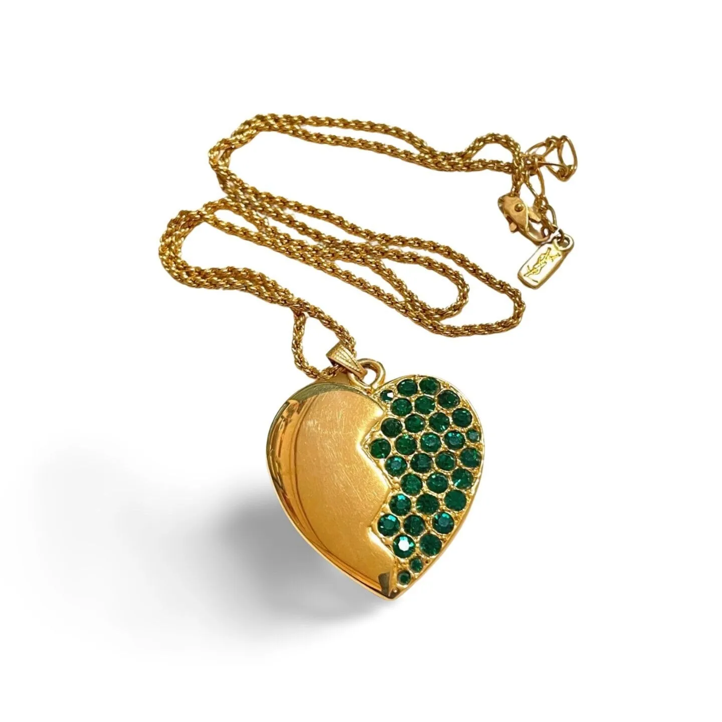 Vintage Yves Saint Laurent golden chain necklace with heart and green crystal pendant top. 060221ya
