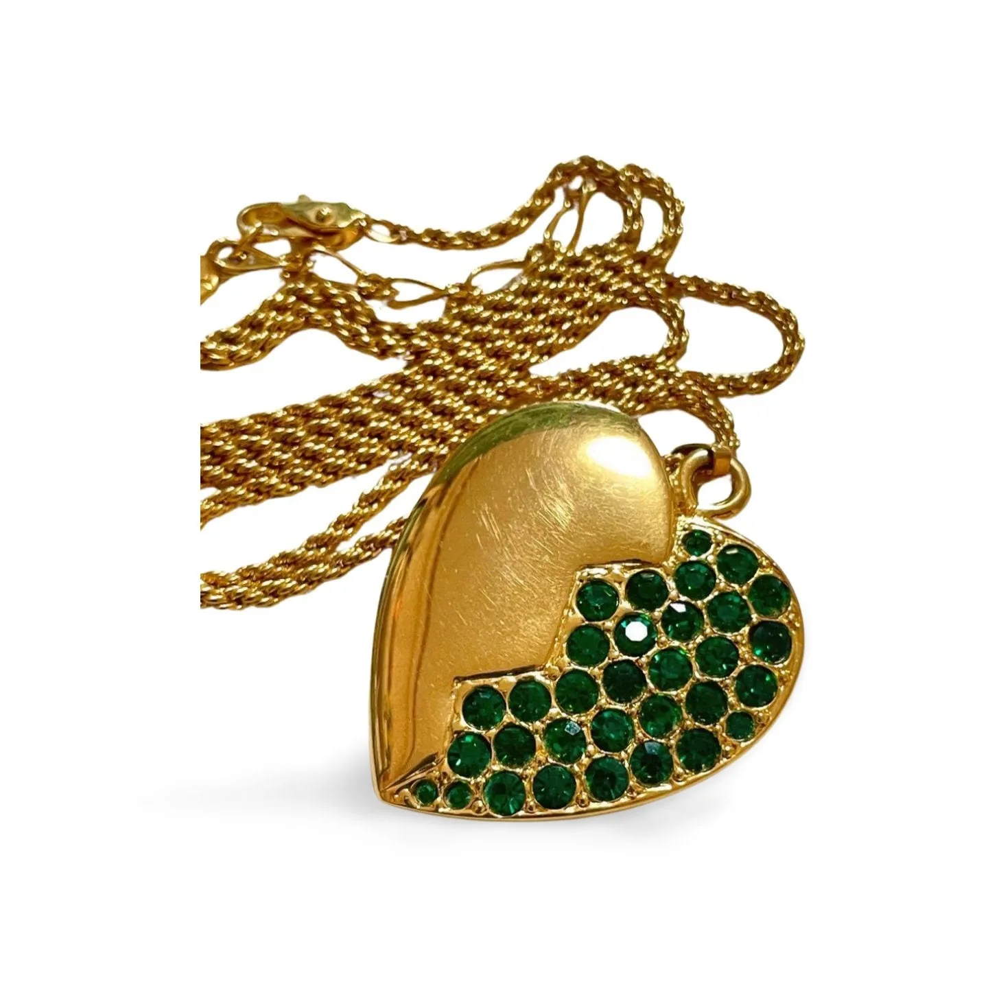 Vintage Yves Saint Laurent golden chain necklace with heart and green crystal pendant top. 060221ya
