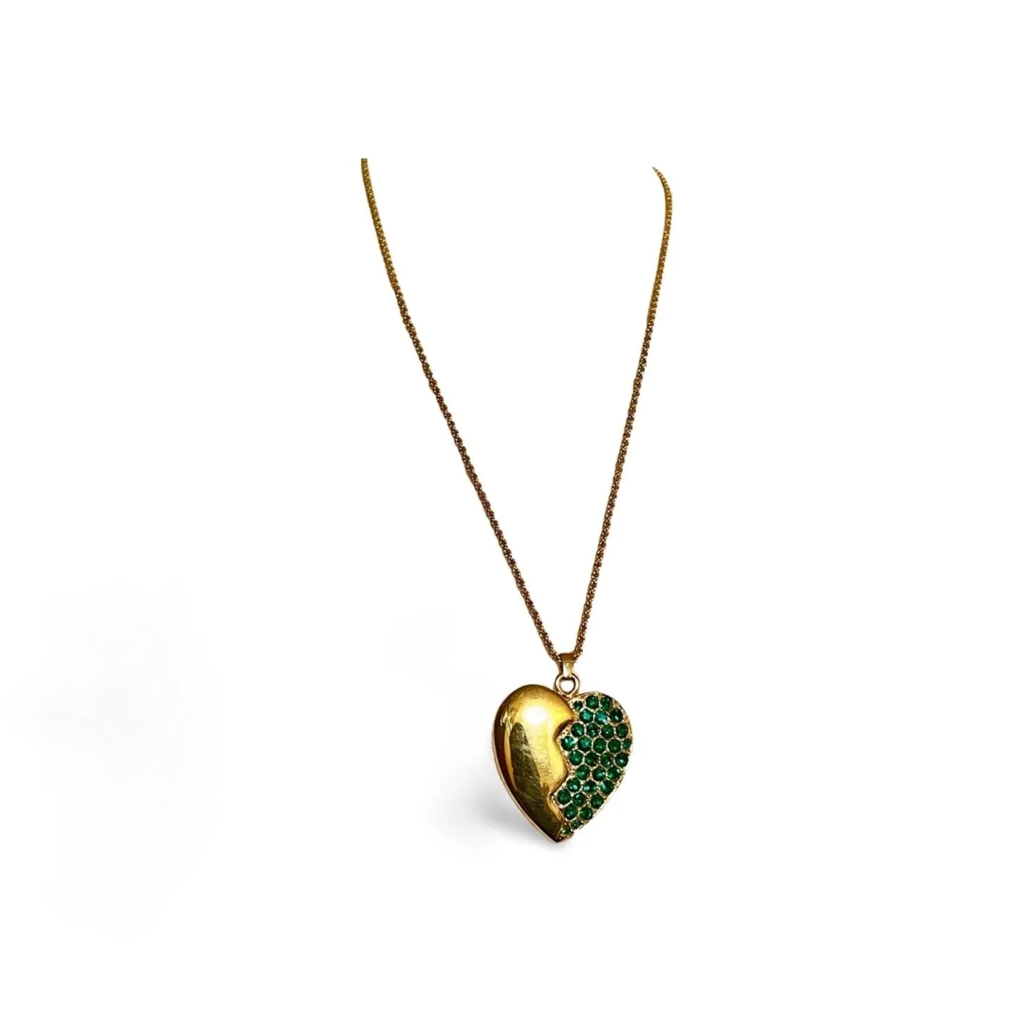 Vintage Yves Saint Laurent golden chain necklace with heart and green crystal pendant top. 060221ya