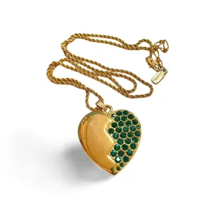 Vintage Yves Saint Laurent golden chain necklace with heart and green crystal pendant top. 060221ya
