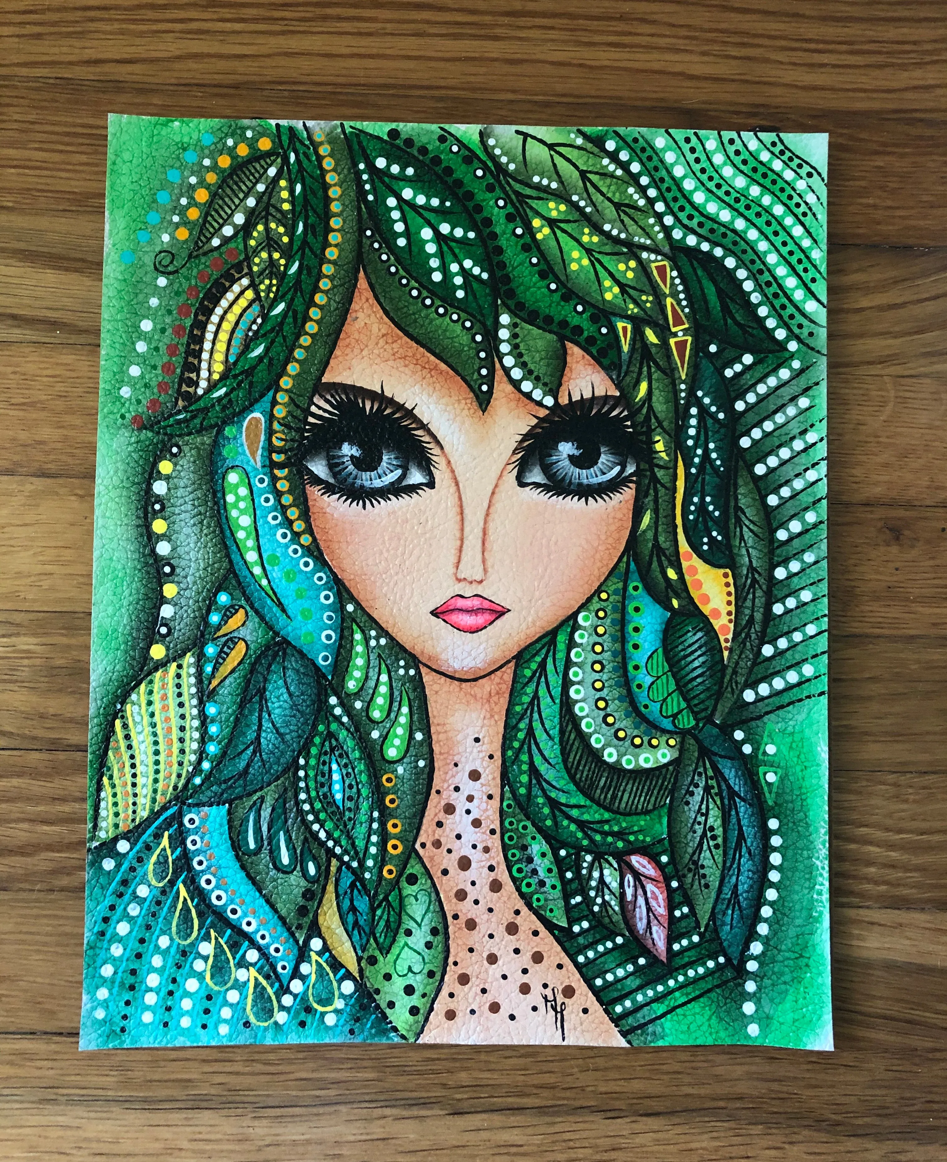 Watercolor Leaf Girl Portrait - Hand painted
