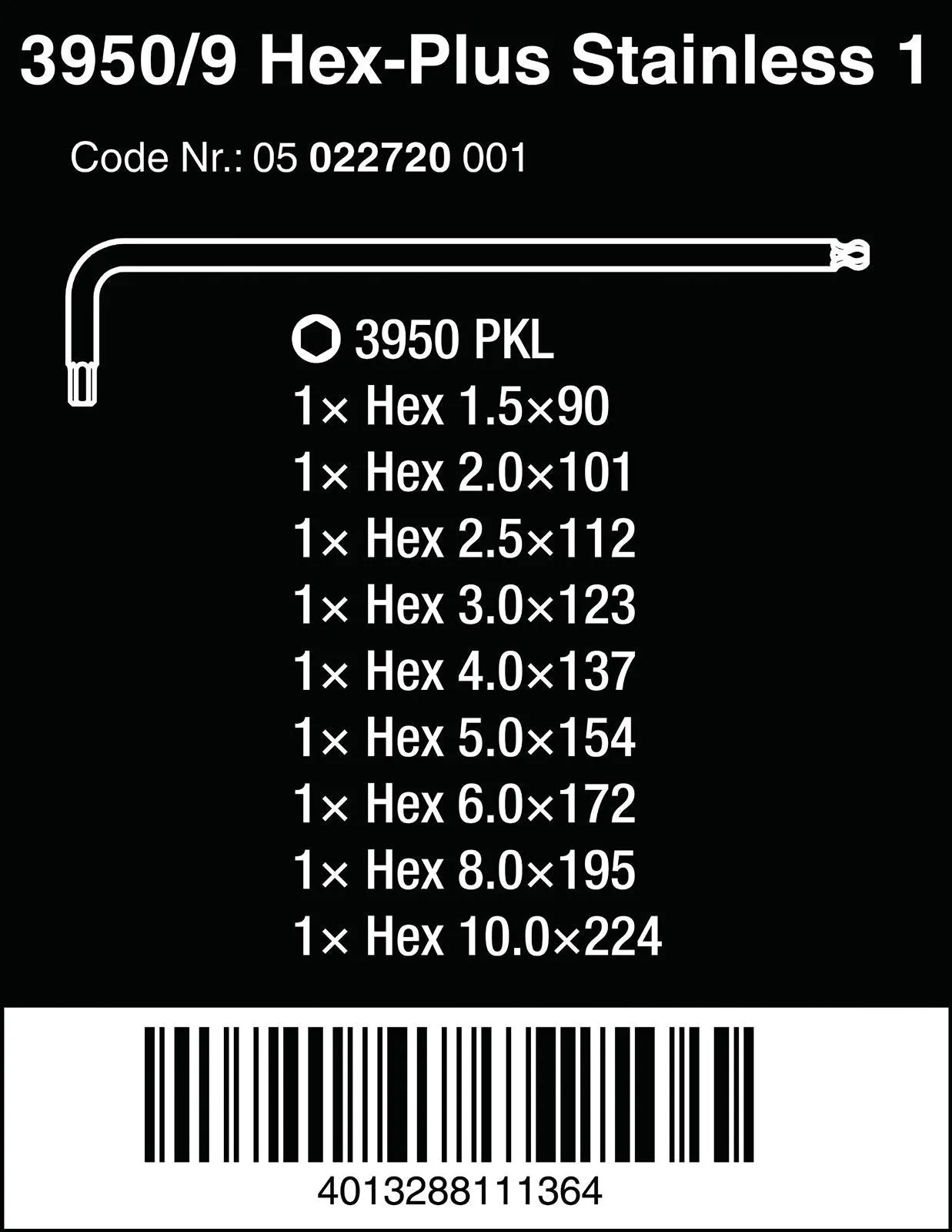 Wera Hex Key Set Stainless Steel Metric 3950/9 Hex Plus L-Key Set 1.5-10mm 9 Pieces