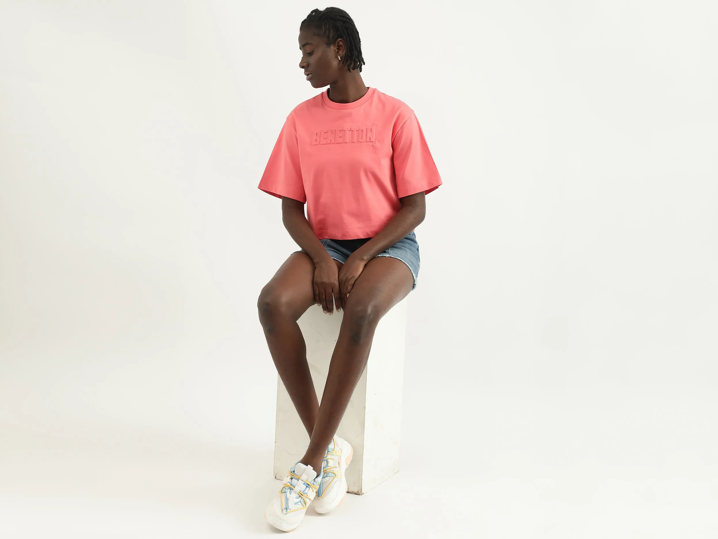 Women Embossed Round Neck T-shirt