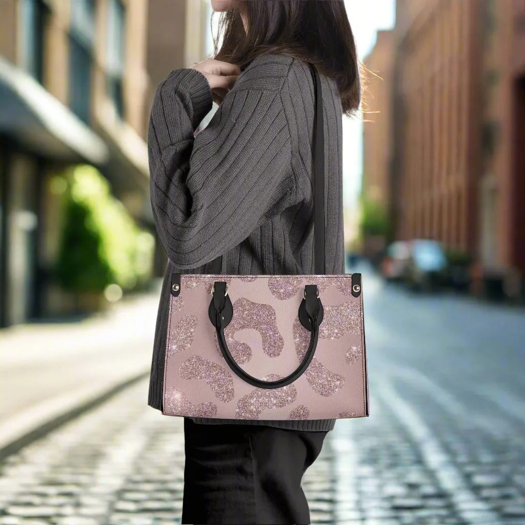 Women's Luxury Pink Glitter Leopard Print PU Leather Handbag With Shoulder Strap
