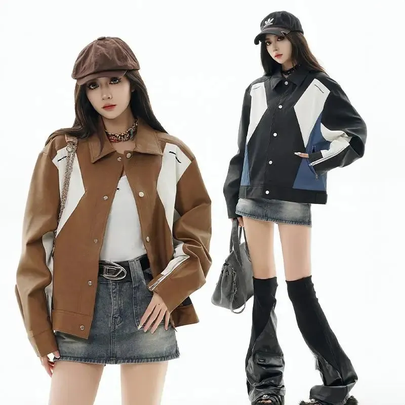 Y2K Retro Color Block PU Leather Jacket for All Seasons